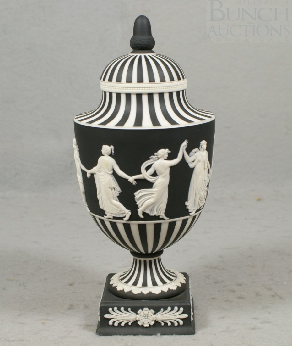 Wedgwood porcelain black & white jasperware Danci: Wedgwood porcelain black & white jasperware Dancing Hours urn, 9 1/2" tall, finial on lid broken
