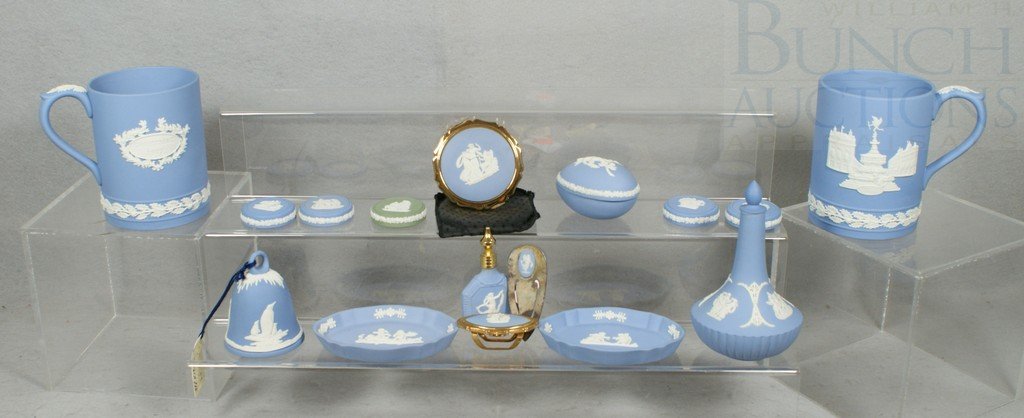 (16) Wedgwood jasperware pieces, including sterl: (16) Wedgwood jasperware pieces, including sterling bookmark, 2 Christmas mugs (1971 & 1972), 2 pin trays, covered egg, bell, lipstick holder, compact, 2 perfumes, 5 round jar lids