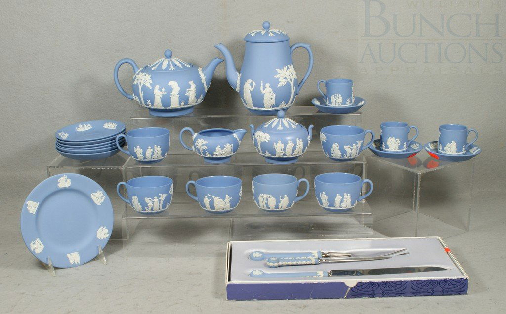 Wedgwood blue jasperware dinnerware - 26 pieces,: Wedgwood blue jasperware dinnerware - 26 pieces, including teapot, coffee pot, 6 cups & saucers, 3 demitasse cups & saucers, 1 B&B plate, sugar, creamer, carving set (in original box) and letter opene