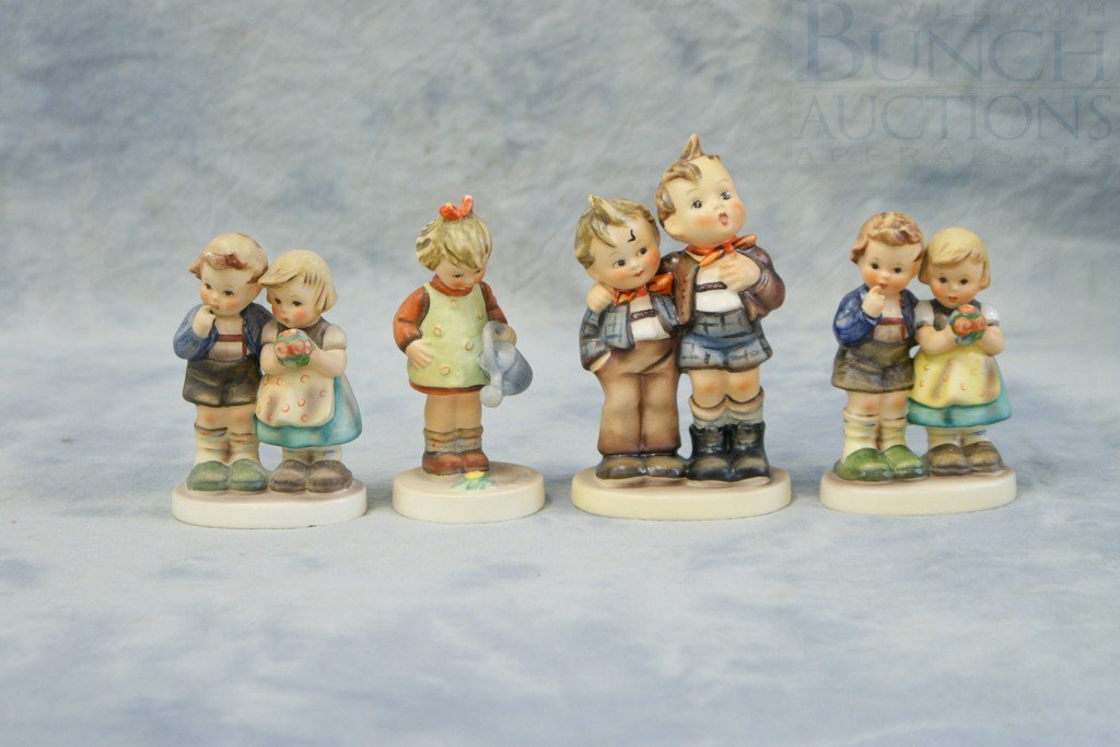(4) Hummel Figurines, 2-We Congratulate, 220, TM: (4) Hummel Figurines, 2-We Congratulate, 220, TMK4, Little Gardener, 74, TMK3, (with crazing) and Max and Moritz, 123, TMK4, 5" tallest