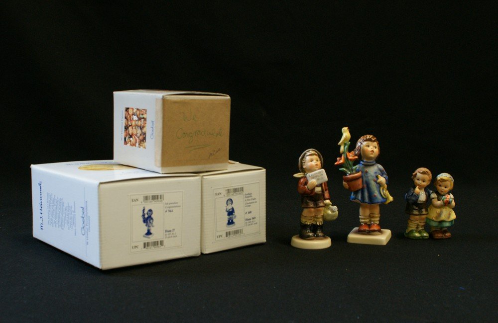(3) Hummel Figurines, 'Congratulations' Hum 17 #9: (3) Hummel Figurines, 'Congratulations' Hum 17 #964, 'A Free Flight' Hum 569 #160, 'We Congratulate' Hum 214, tallest 6", two with original boxes, one with possible original box