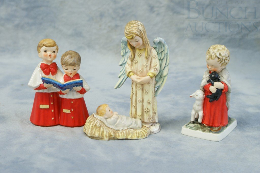 (3) Goebel Figurines, Charlot BH boy with lambs : (3) Goebel Figurines, Charlot BH boy with lambs Byj 55 TMK-4, Robson Angel with baby Jesus Rob 403 TMK-4, Robson two choirboys Rob 414 TMK-7, tallest 6"