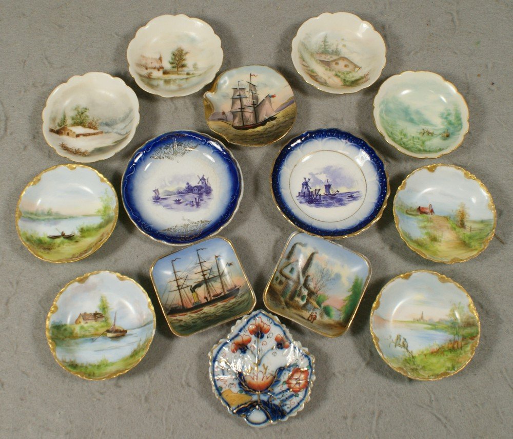 14 asstd butter pats, set 8 Limoges scenic, 5 odd: 14 asstd butter pats, set 8 Limoges scenic, 5 odd scenic, Gaudy Welsh leaf shape, typical 3" d