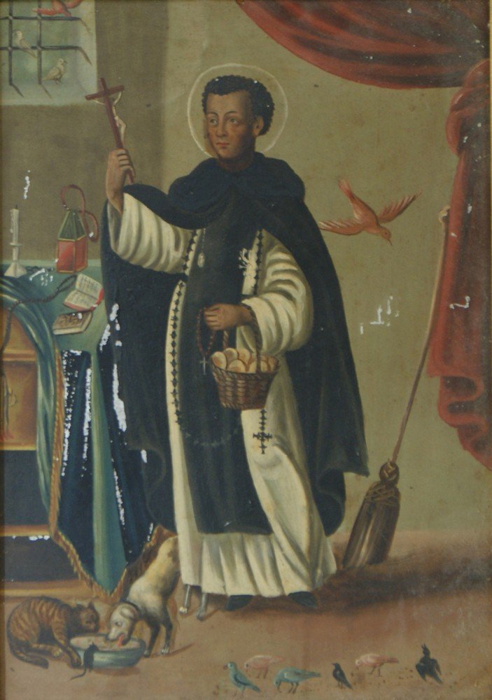 19th c Continental School, oil on metal, Saint Ho: 19th c Continental School, oil on metal, Saint Holding Crucifix and Basket of Eggs, 14" x 10", some flakes of paint missing, frame with a McClees Galleries label verso