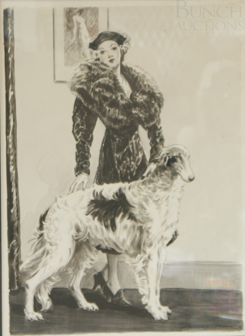 Morgan Dennis, American, 1892-1960,black ink and: Morgan Dennis, American, 1892-1960, black ink and watercolor, 18" x 13", Woman in Fur with Borzoi, signed lower right