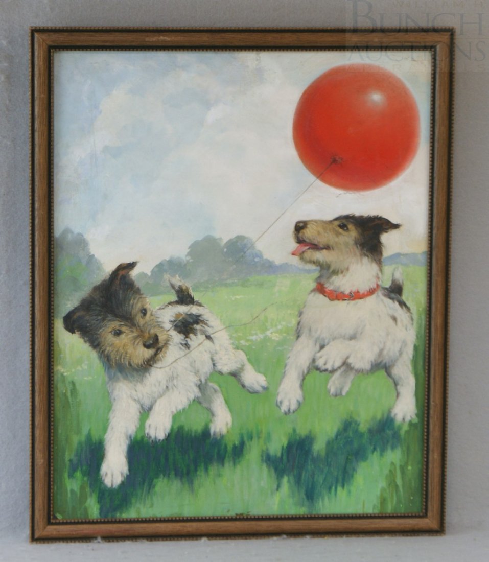 Attributed to Morgan Dennis, American, 1892-1960,: Attributed to Morgan Dennis, American, 1892-1960, oil on board, magazine cover, 2 Puppies and a Balloon, 17 3/4" x 14 1/2", unsigned