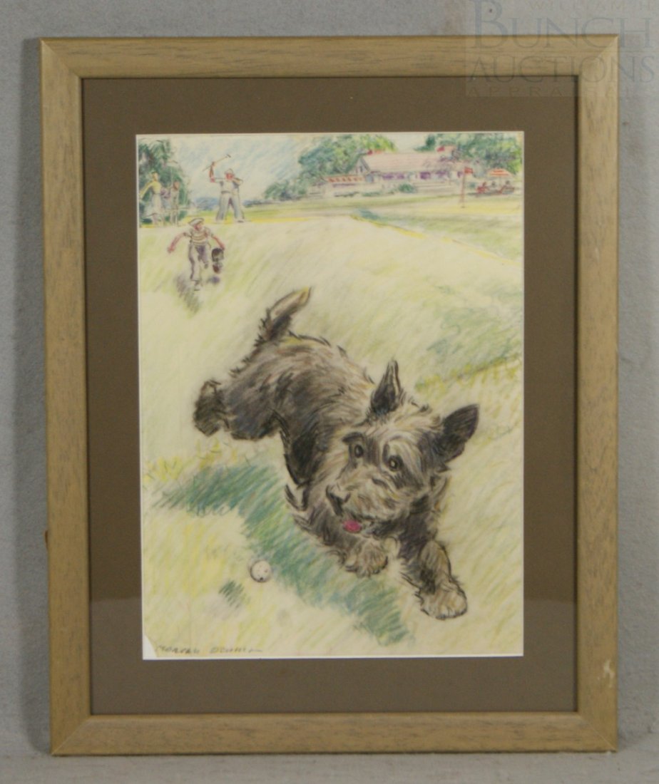 Morgan Dennis, American, 1892-1960, conte crayon,: Morgan Dennis, American, 1892-1960, conte crayon, 12" x 9", Terrier Chasing Golf Ball, signed lower left