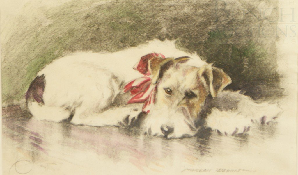 Morgan Dennis, American, 1892-1960, Fox Terrier w: Morgan Dennis, American, 1892-1960, Fox Terrier with Ribbon Laying on Floor, 8" x 12 3/4", signed lower right
