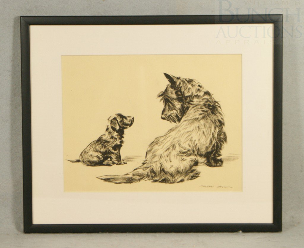 Morgan Dennis, American, 1892-1960, brush & ink o: Morgan Dennis, American, 1892-1960, brush & ink on paper, Scotch Terrier Looking at a Puppy, 7 1/2" x 10 3/4", signed lower right