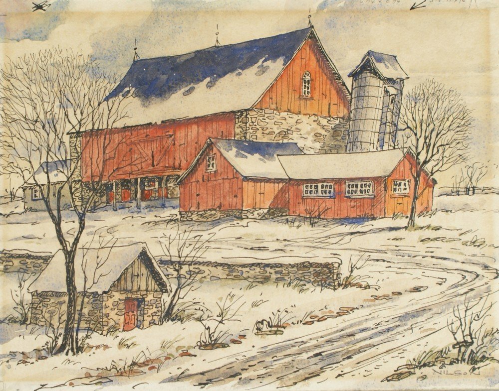 Gustav Nilson, European/American, 1897-1988, w/c,: Gustav Nilson, European/American, 1897-1988, w/c, Off Apple Butter Road, picture of a red barn in snow, 7" x 9 1/4"