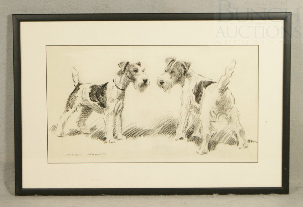 Morgan Dennis, American, 1892-1960, charcoal on : Morgan Dennis, American, 1892-1960, charcoal on paper, 2 Fox Terriers Looking at Each Other, 7 3/4" x 17 3/4", signed lower left