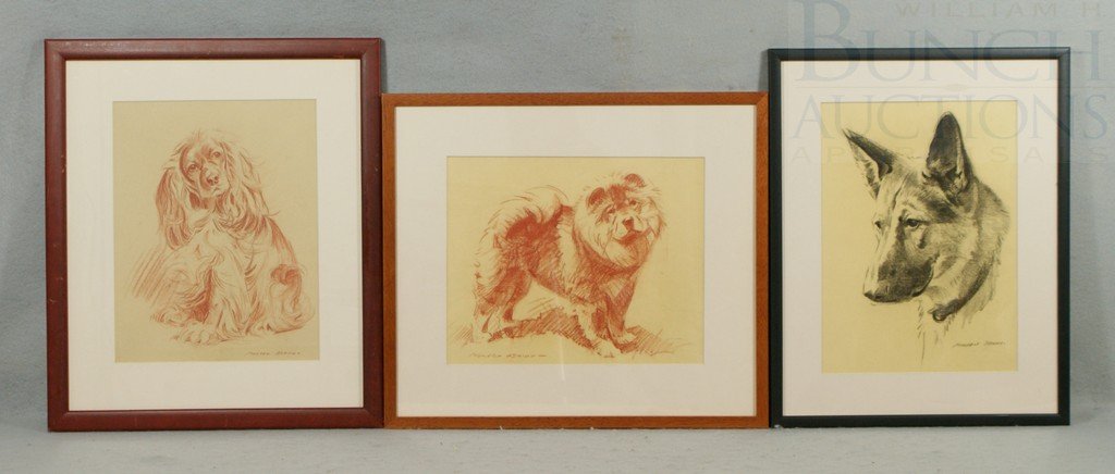 Morgan Dennis, American, 1892-1960, (3) works, (2: Morgan Dennis, American, 1892-1960, (3) works, (2) sienna conte pencil on tan paper, Cocker Spaniel, 12" x 9 1/2", Chow Puppy, 9 1/2" x 12", charcoal on tan paper, Head of a German Shepherd, 11 1/2" x