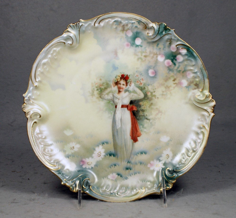 RS Prussia portrait plate, young girl standing, f: RS Prussia portrait plate, young girl standing, flowers in hair, matte finish, 8 3/4" d