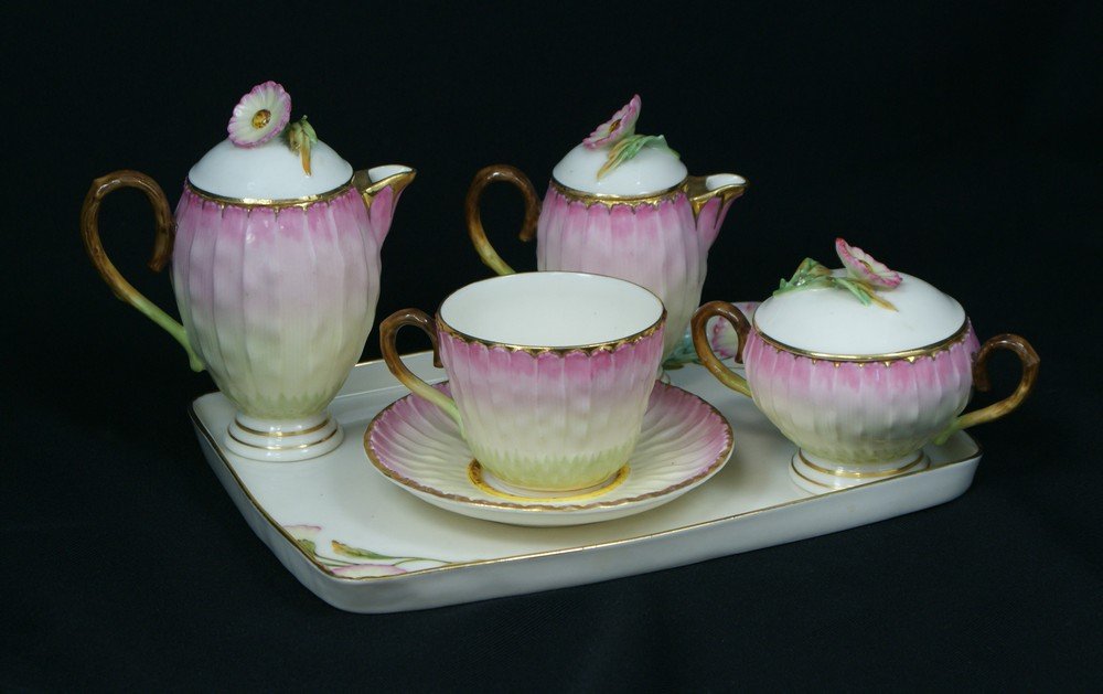 5 pc Austrian pink floral porcelain teaset on tra: 5 pc Austrian pink floral porcelain teaset on tray, made for Bailey, Banks, Biddle, tray 10" long