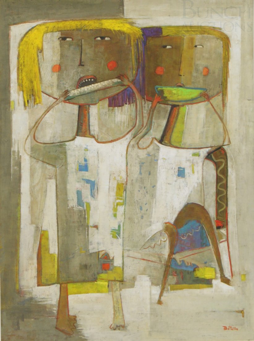 Angel Botello, Spanish/Puerto Rican, 1913-1986, 4: Angel Botello, Spanish/Puerto Rican, 1913-1986, 48" x 36" oil on board, "Two Women Eating Corn and Melon", with A. William Goldman Gallery label verso, numbered 1263.