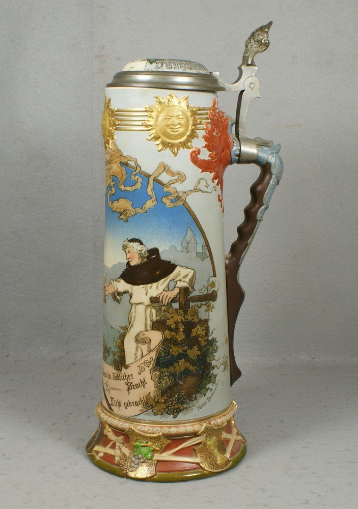 Mettlach 2122 3.8 litre beer stein, etched Crusad: Mettlach 2122 3.8 litre beer stein, etched Crusader design and etched inset lid, discolored interior, handle must be slightly bent as the lid does not seat perfectly, 17 1/2" tall