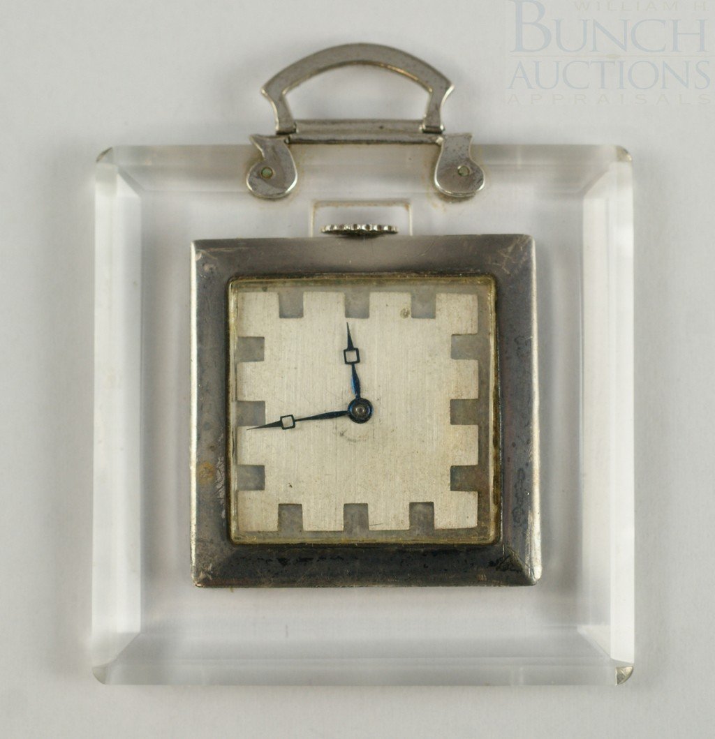 Sterling and Lucite handbag pocket watch, movemen: Sterling and Lucite handbag pocket watch, movement marked J Schulz, 17 j, 3 adj, runs when wound, 1 5/8" sq, engraved Mortimer Berkowitz in script on back of case