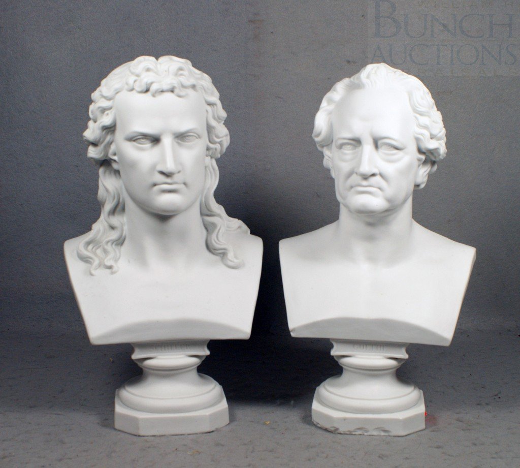 (2) Parian Busts, one of Schiller, the other Goet: (2) Parian Busts, one of Schiller, the other Goethe (multiple chips to plinth), 15-1/2" high