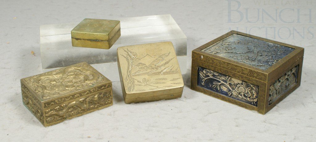(4) Chinese Boxes, including brass dragon box, d: (4) Chinese Boxes, including brass dragon box, dyed soapstone box resembling Lapis, ink box with calligraphy, and another scenic ink box, largest 4-1/2" wide