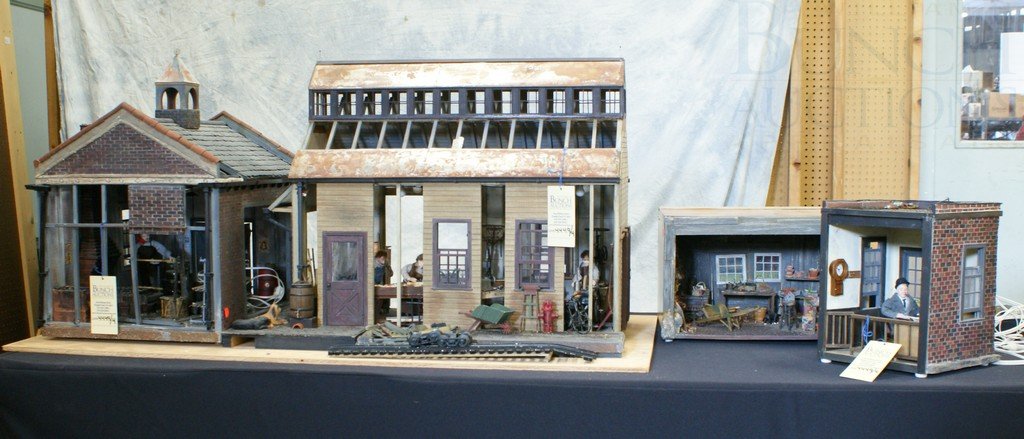 Edward Darby & Son Ornamental Works 2003 and The : Edward Darby & Son Ornamental Works 2003 and The Gardener's Hideaway 2002 4 piece diorama, by Clement H Darby, extremely detailed workshop, electrified, 22" h x 46" w x 24" d