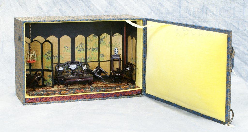 The Japanese Room in a Fabric Box, Japanese livin: The Japanese Room in a Fabric Box, Japanese living room with inlaid teak furniture diorama, 10" h x 15 1/2" w x 6" d