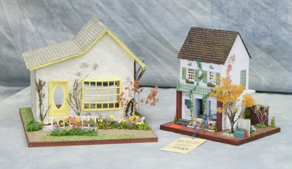 (2) Dioramas, Small House with Front Garden, no c: (2) Dioramas, Small House with Front Garden, no contents, Very Small House with two levels, largest 8 1/2" h x 10" w x 12 d