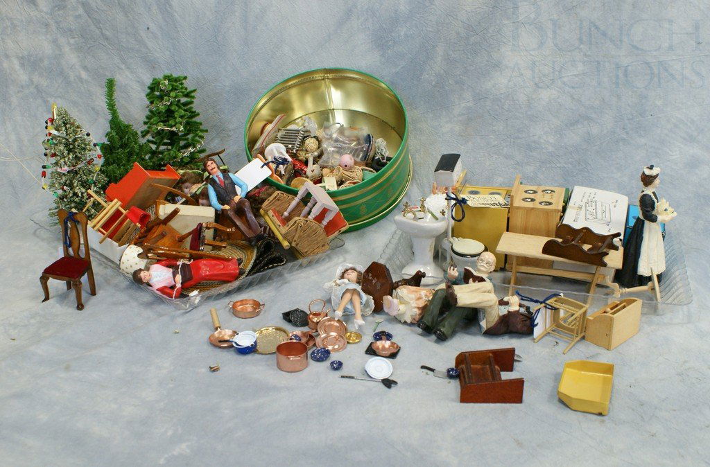 Large lot of miniatures, c/o Christmas trees, fur: Large lot of miniatures, c/o Christmas trees, furniture, people, rugs, along with (10) Pieces of The Butterfly Collection by Goebel Miniatures & Co, miniature furniture in original boxes