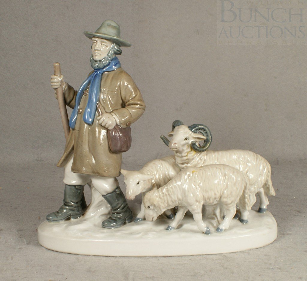 German porcelain figurine of shepherd with sheep: German porcelain figurine of shepherd with sheep, 9" h