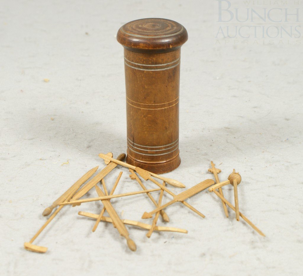 Treenware box with hand carved Medieval weapons: Treenware box with hand carved Medieval weapons as a "Pick Up Sticks" game, 19th C