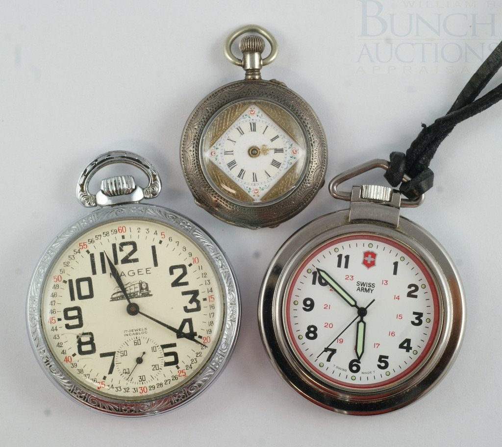 (3) pocket watches, Magee 17 j Incablock Railroa: (3) pocket watches, Magee 17 j Incablock Railroad watch, runs when wound, Swiss half hunter ladies watch in silveroid case, runs when wound, missing hand, modern Swiss Army watch
