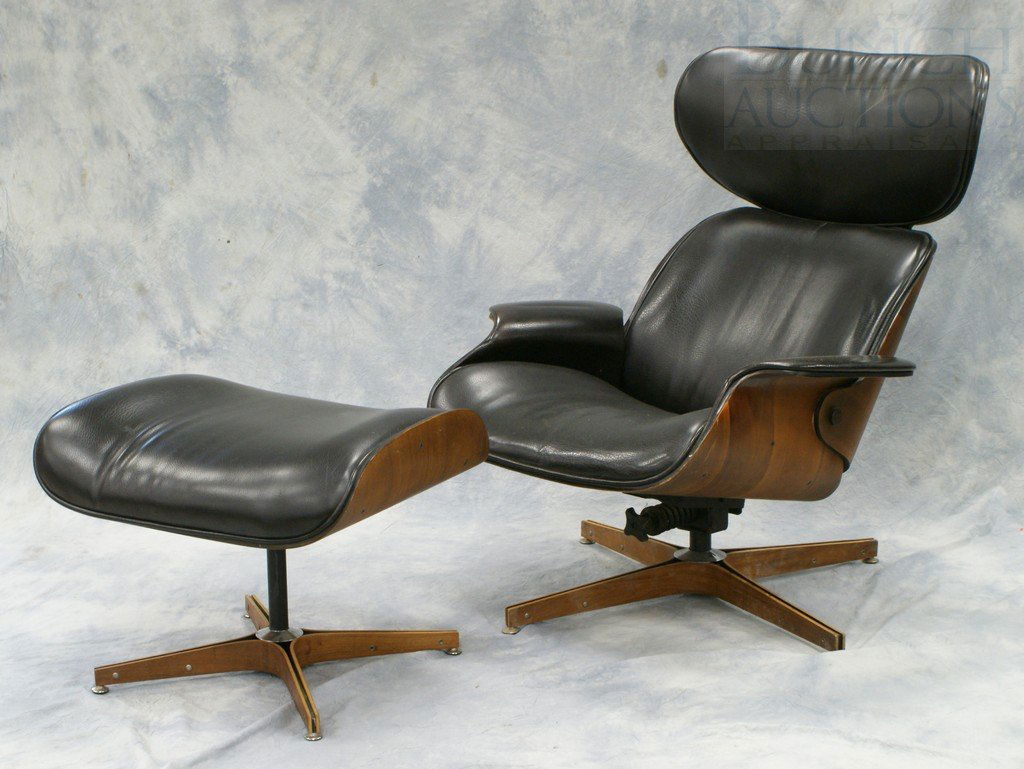 Plycraft laminated rosewood lounge chair and otto: Plycraft laminated rosewood lounge chair and ottoman designed by George Mulhauser, black leather upholstery