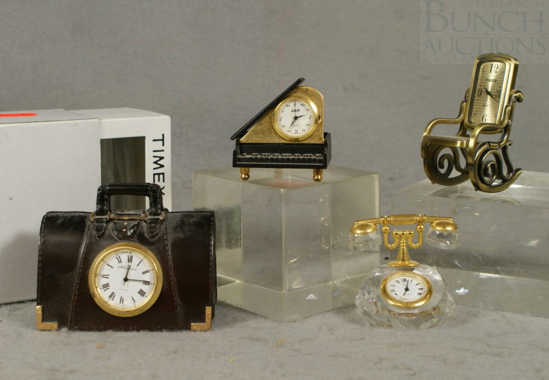 (4) Assorted miniature clocks, telephone, Timex: (4) Assorted miniature clocks, telephone, Timex rocking chair, Seth Thomas suitcase, piano, tallest 2 3/4"