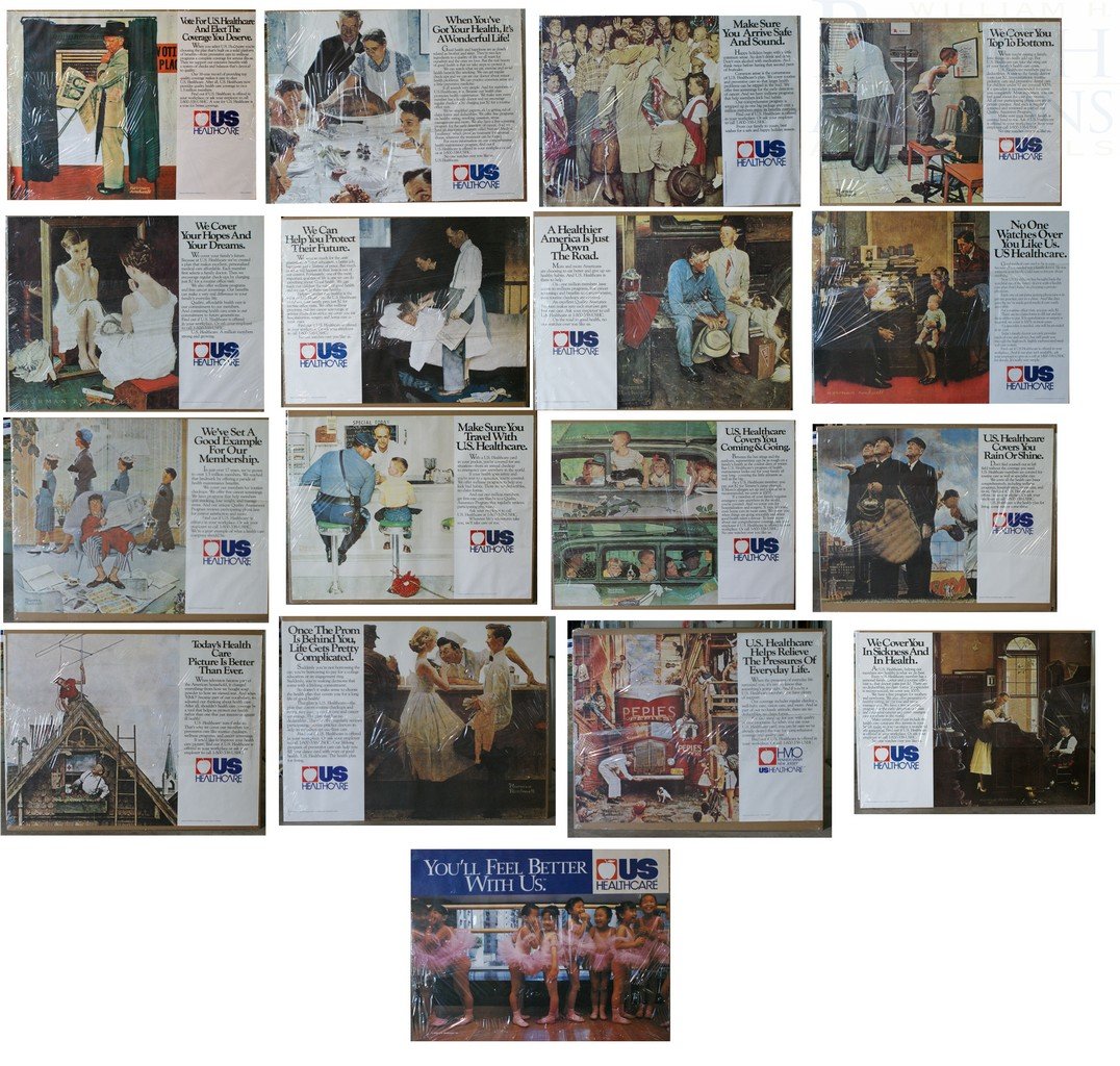 (17) US Healthcare posters, mostly by Norman Roc: (17) US Healthcare posters, mostly by Norman Rockwell, various sizes approx 4' x 6', advertising for train stations & bus terminals, unframed & rolled in tube