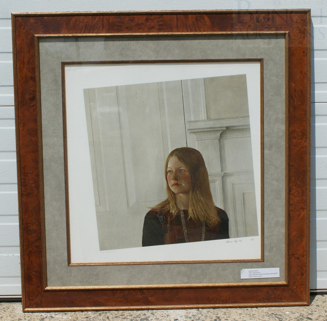 Andrew Wyeth handsigned print, titled "Siri", da: Andrew Wyeth handsigned print, titled "Siri", dated 1972, print has slipped in frame, 24" x 23-1/4"