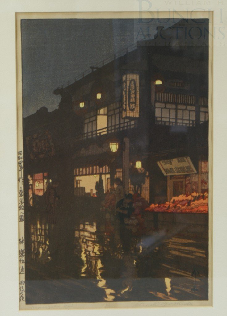Hiroshi Yoshida Japanese woodblock print, "After: Hiroshi Yoshida Japanese woodblock print, "After a Night Rain" 1929, pencil signed & titled at bottom, 15 3/8" x 10"