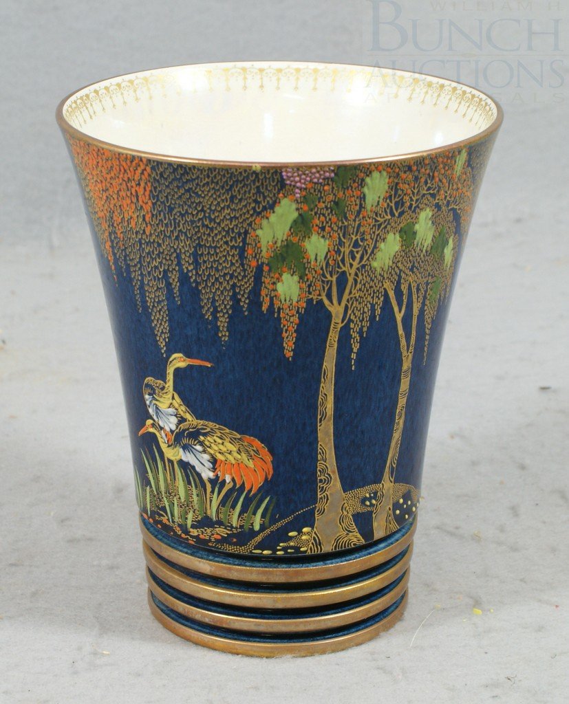 English Carlton Ware vase, also original paper l: English Carlton Ware vase, also original paper label, two cranes in landscape, 7" h