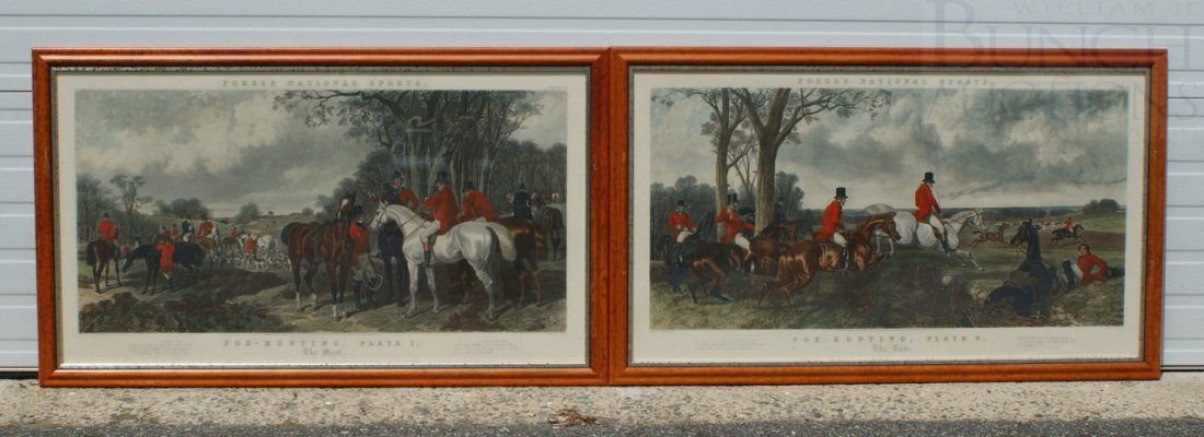 Pair of fox hunting prints "Fore's National Sport: Pair of fox hunting prints "Fore's National Sports", Plate 1 "The Meet" & Plate 3 "The Run", painted by JF Herring Sr, engraved by J Harris, printed by Messrs Fores at their Sporting & Fine Print Repo