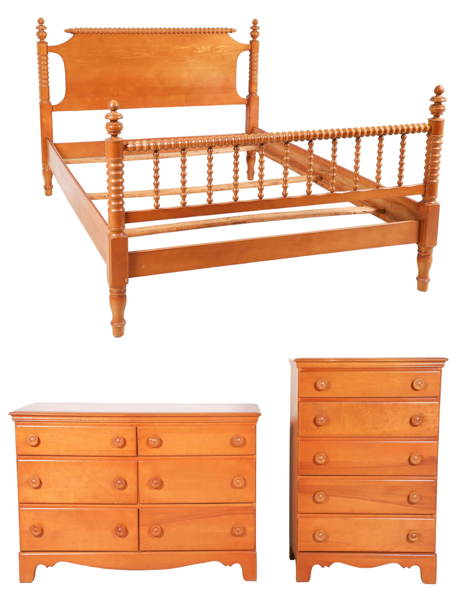 (3) pc Statton cherry bedroom set: (3) pc Statton cherry bedroom set, c/o double size spool turned bed, dresser, high chest with second drawer desk pull out, 35"h x 50-1/2"w x 19"d