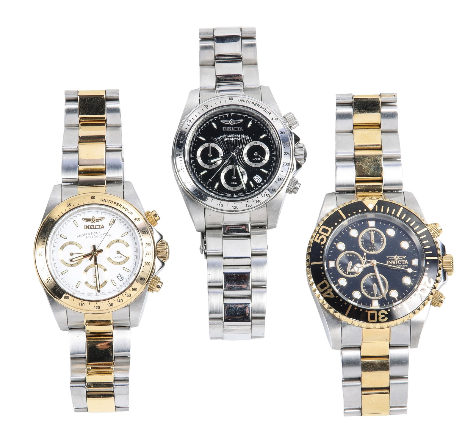 (3) Invicta mens wrist watches: (3) Invicta mens wrist watches to include (2) Professional 200m Speedway, 40mm and 44mm and Pro Diver, 40mm, each running at time of inspection