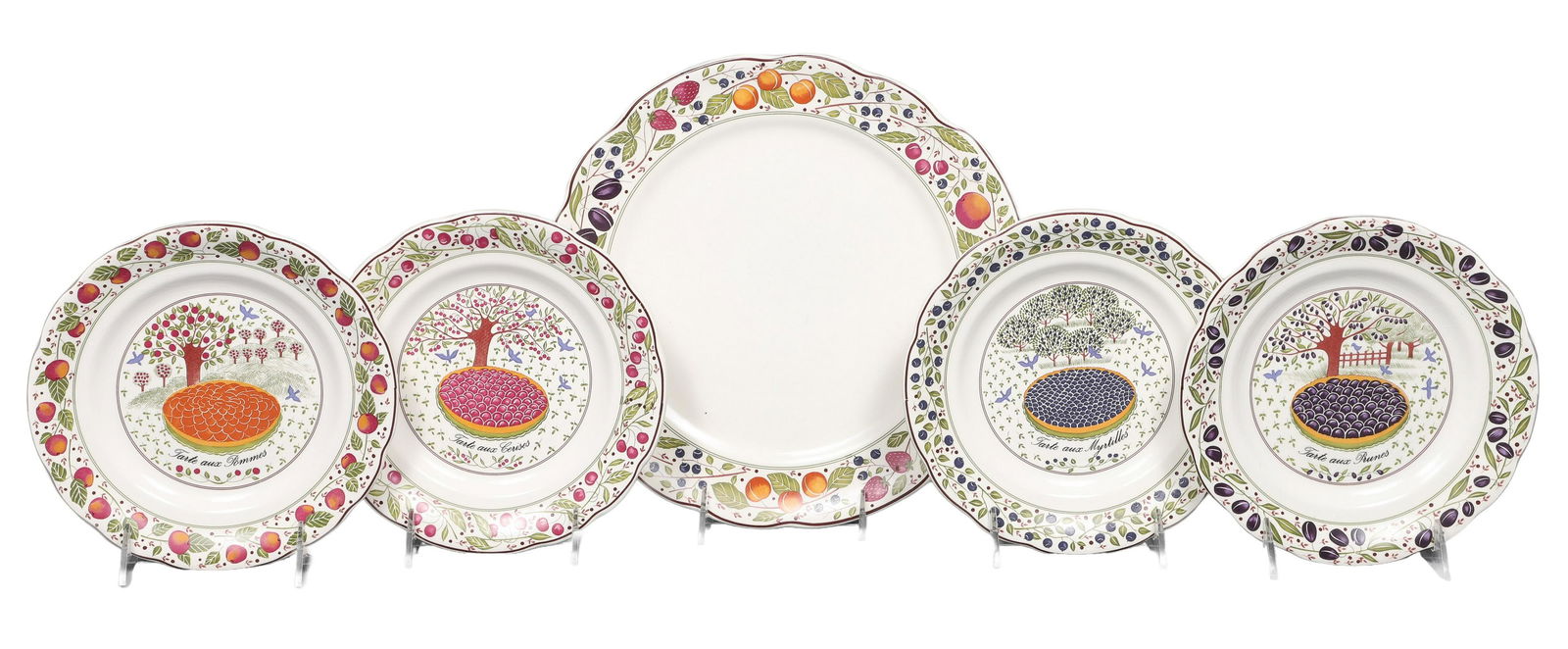 (5) Pc Gien Les Tartes Dessert Set: (5) Pcs Gien France porcelain dessert set, "Les Tartes" style Marie-Pierre Boitard, each has different fruit theme with fruit tree, c/o 11-1/8" x 11-1/2" platter, (4) 7-3/4" dessert plates