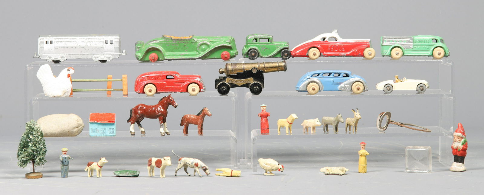 Lot of Miniature Cars & Accessories: Lot of miniature cars & accessories, including Midgetoy, Lesney, K&O cannon, animals, Santa, tree, ice pick