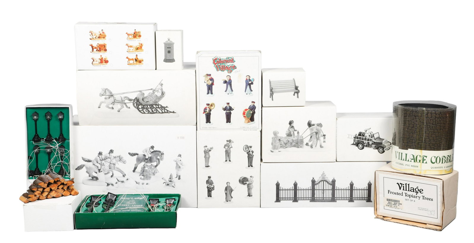 Lot of Department 56 Village Accessories: Lot of Department 56 Village accessories, in original boxes, including "Dashing Through the Snow", "Tally Ho!", Salvation Army Band, "Bringing Home the Yule Log", Wrought Iron Gate and Fence, English 