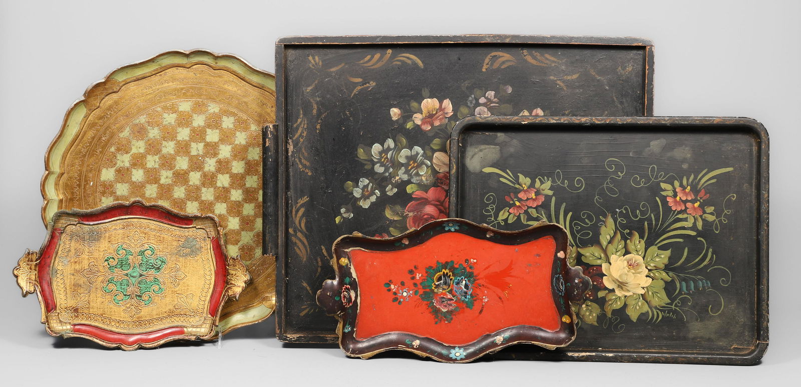(9) Papier Mache and Ebonized Wood Trays: (9) Papier mache and ebonized wood trays, 24" L x 18 3/4" W largest, 12 1/4"L smallest