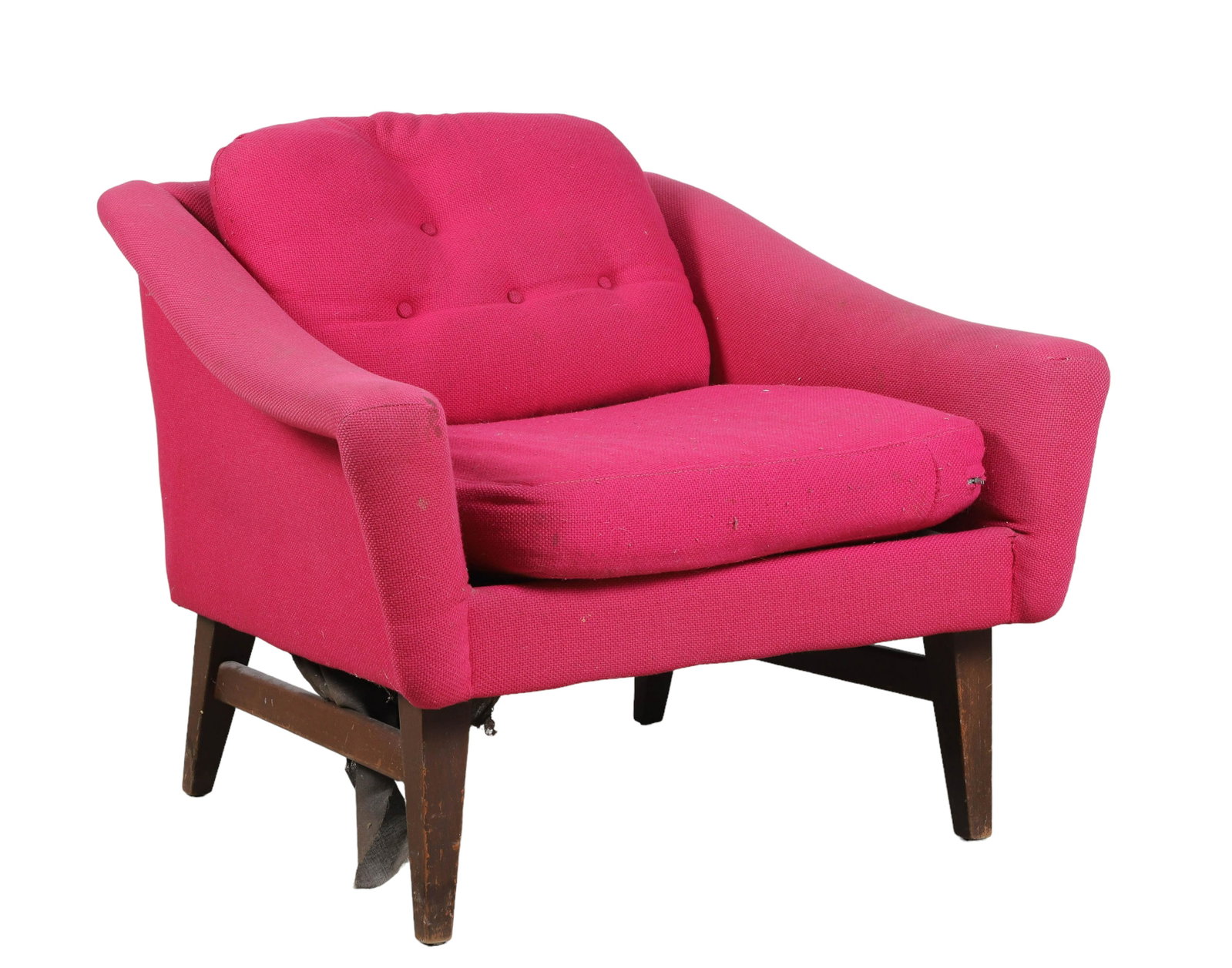 Modern Design upholstered lounge chair: Modern Design upholstered lounge chair, pink tufted upholstered on tapered walnut legs, 24"h x 31"w x 30"d, soiling to upholstery, wear to legs