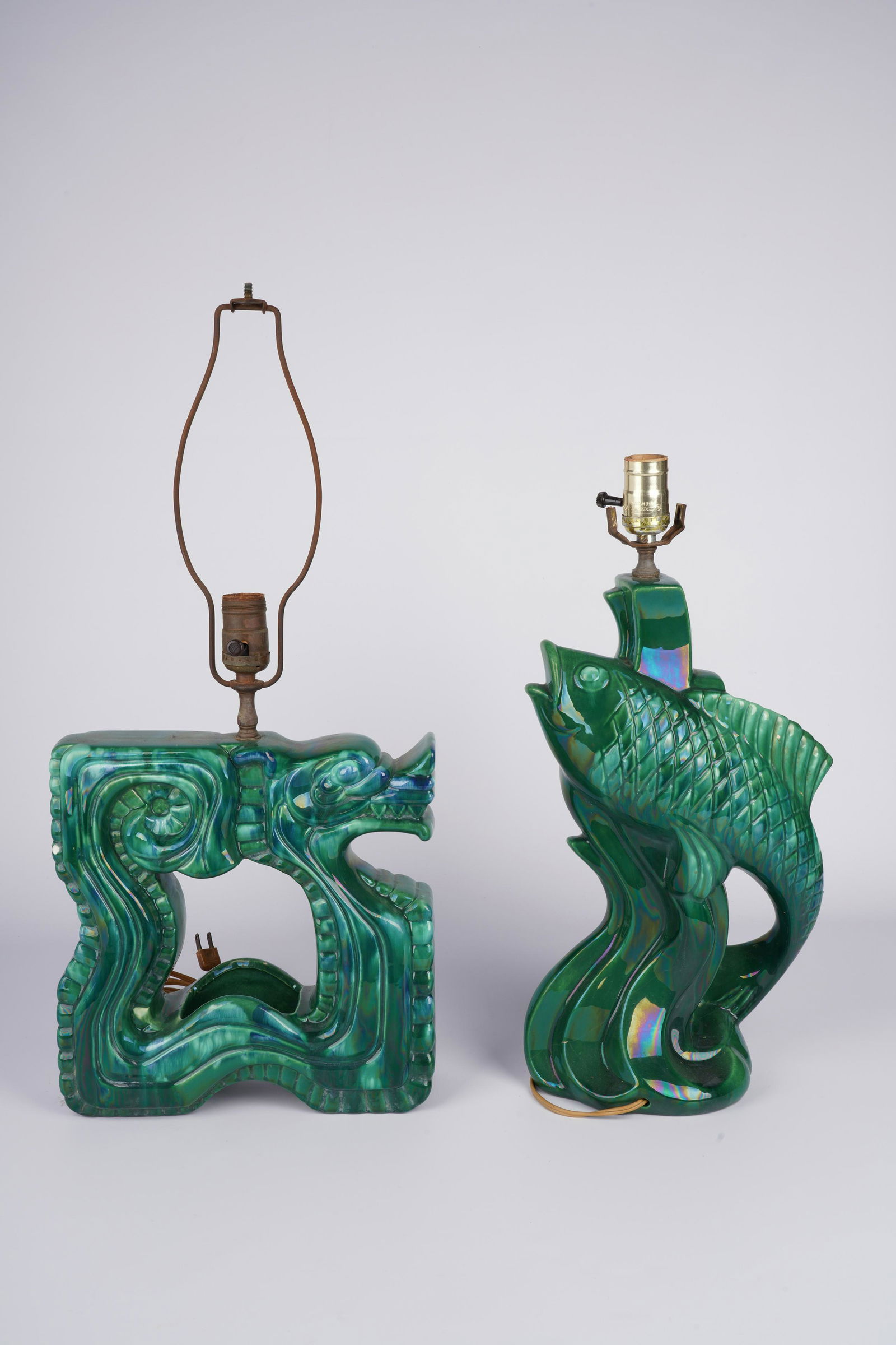 (2) Green Lustre Pottery 1960's Table Lamps: (2) Green Lustre Pottery 1960's Table Lamps, stylized dragon and fish form, 16"H and 11 "H
