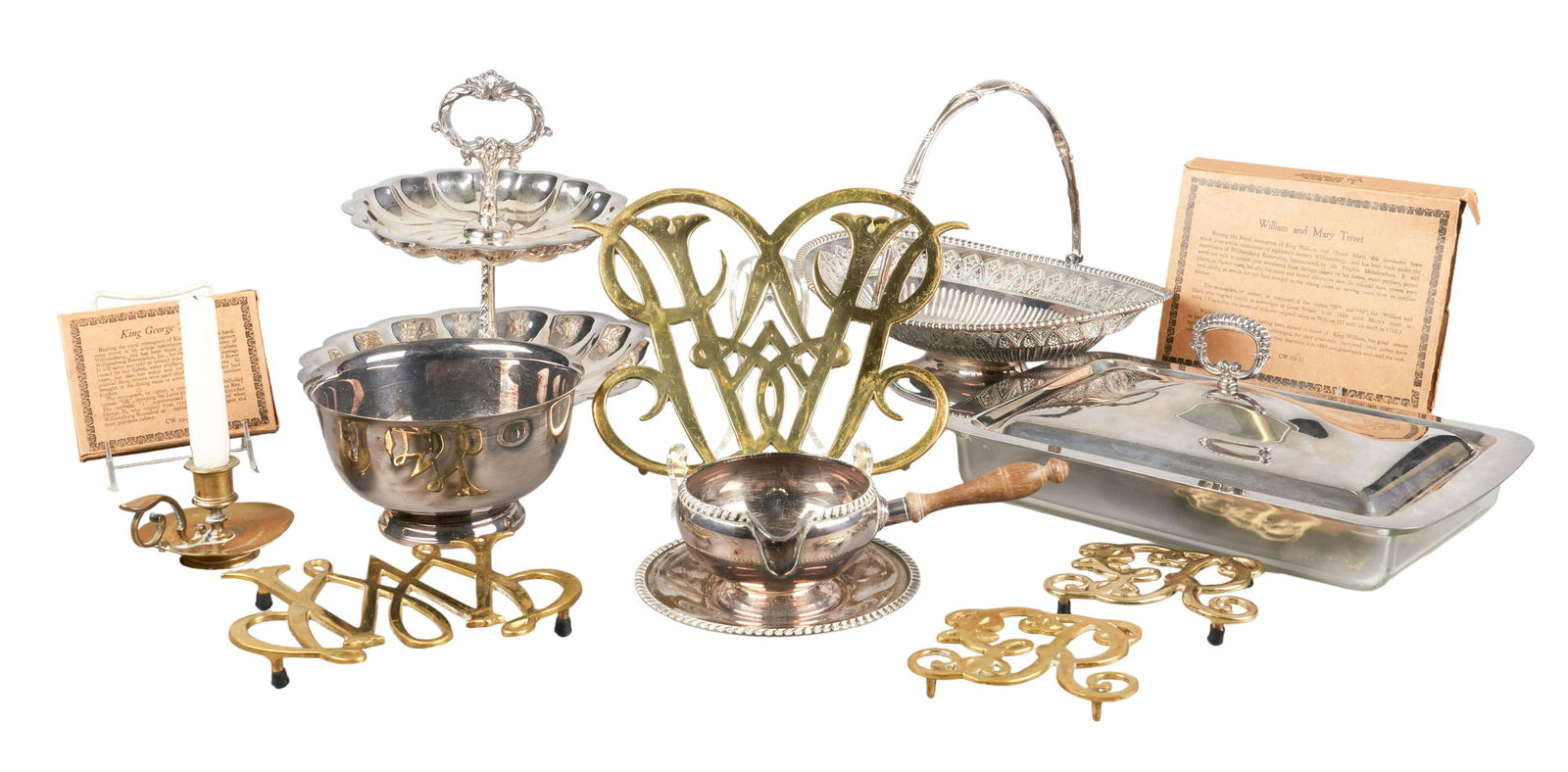 Lot of Silver Plate & Brass Items: Lot of silver plate & brass items, including Pyrex casserole dish with lid, Crescent gadrooned edge side handle gravy boat with under tray, H&L Lambert swing handle footed basket, FB Rogers 2-tier tid