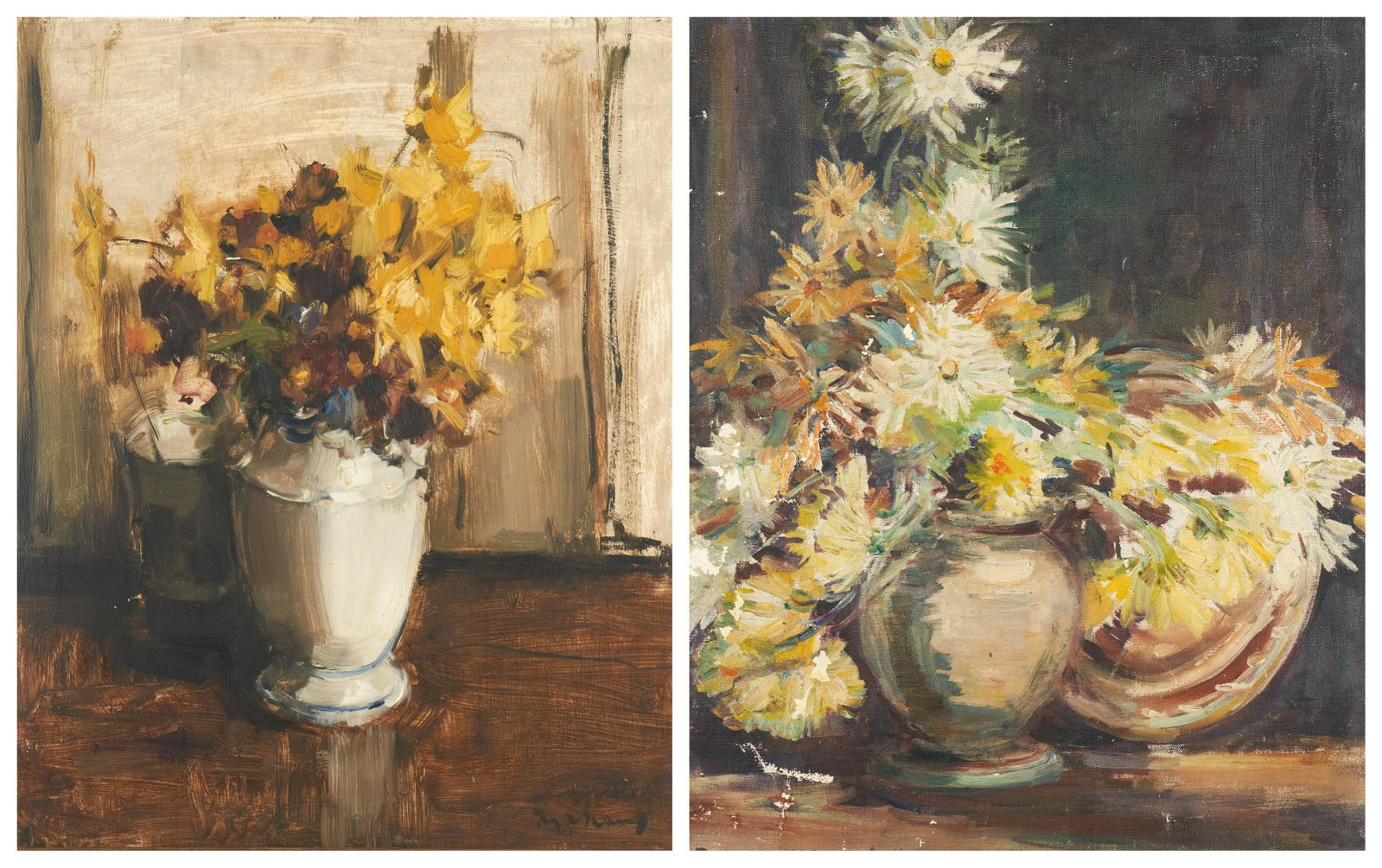 Eleanor Wiley & Albert Mascaux (2) Still Lifes: Eleanor Wiley & Albert Mascaux (2) still lifes, vase with daisies, oil on canvas, signed "Eleanor McAdoo Wiley", 24" x 20"; white vase with flowers, oil on board, signed "Mascaux", 17-3/4" x 14-1/2"; 