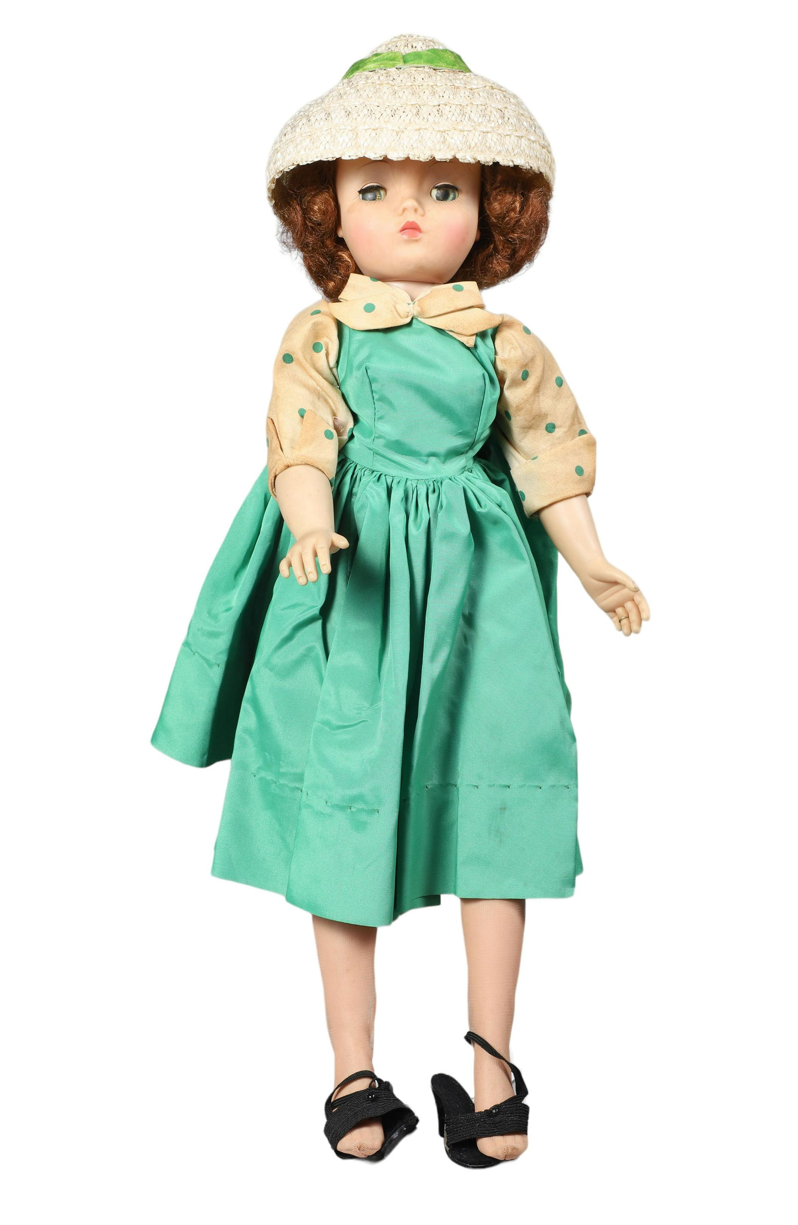 American Sweet Sue Fashion Doll: American Sweet Sue doll, hard plastic socket head, vinyl arms, blue sleep eyes, closed mouth, green satin dress, green rhinestone ring on finger, straw hat, silk stockings, black high heeled shoes (el