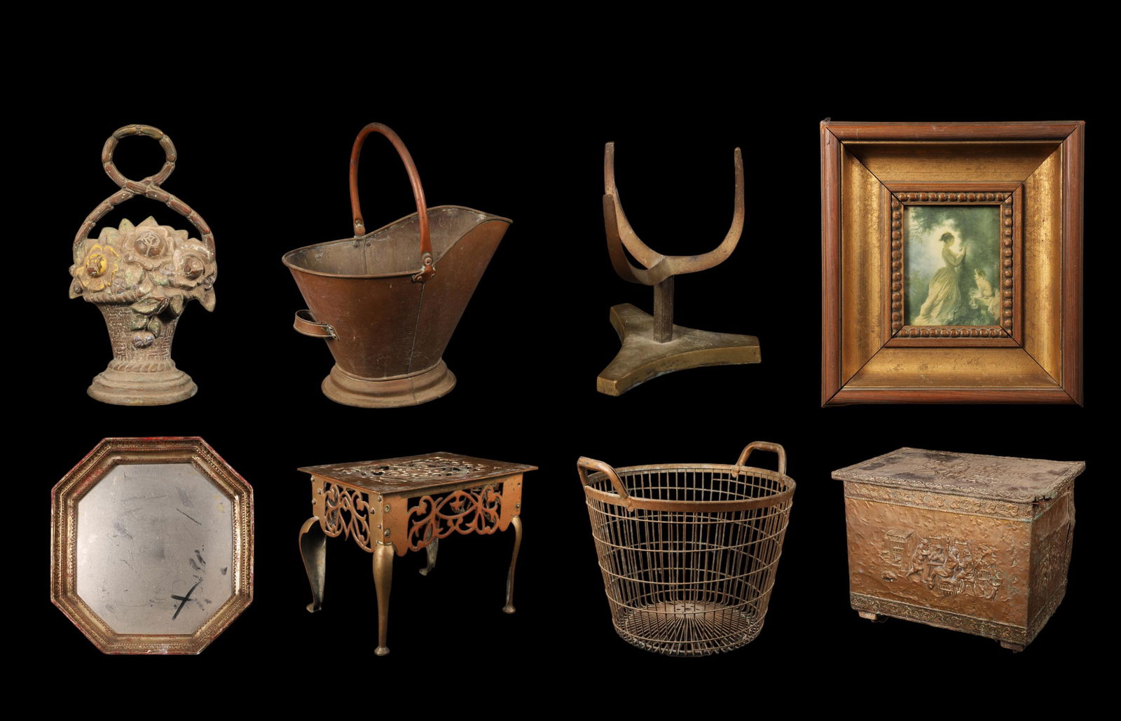 Coal Scuttle, Wire Bin, Brass Footman and Mirror (1 of 10)