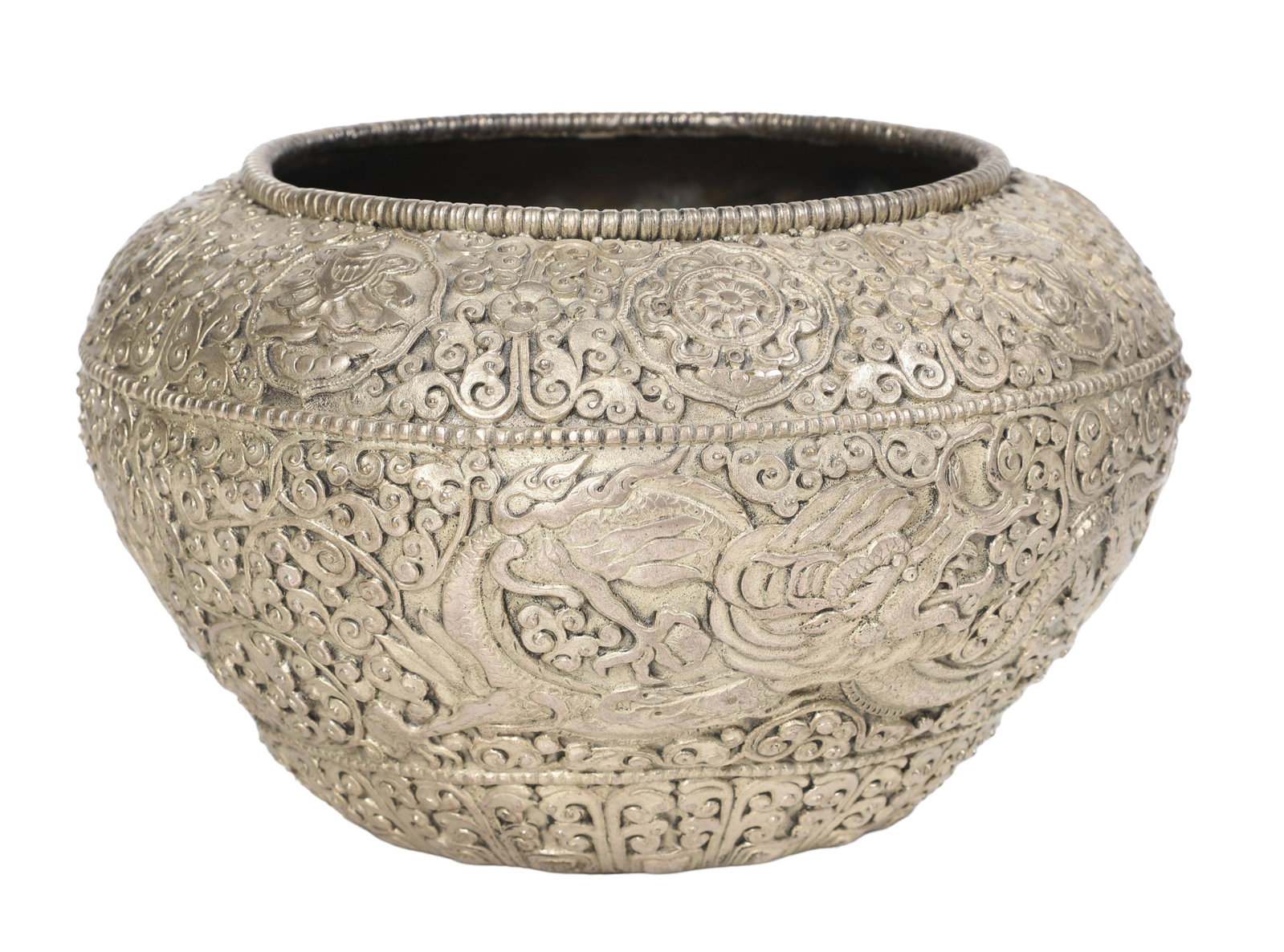 Tibetan Silvered Metal Pot: Tibetan silvered metal bowl, Buddhist decoration, dragon motif, unmarked, 8" dia x 5-1/4" h